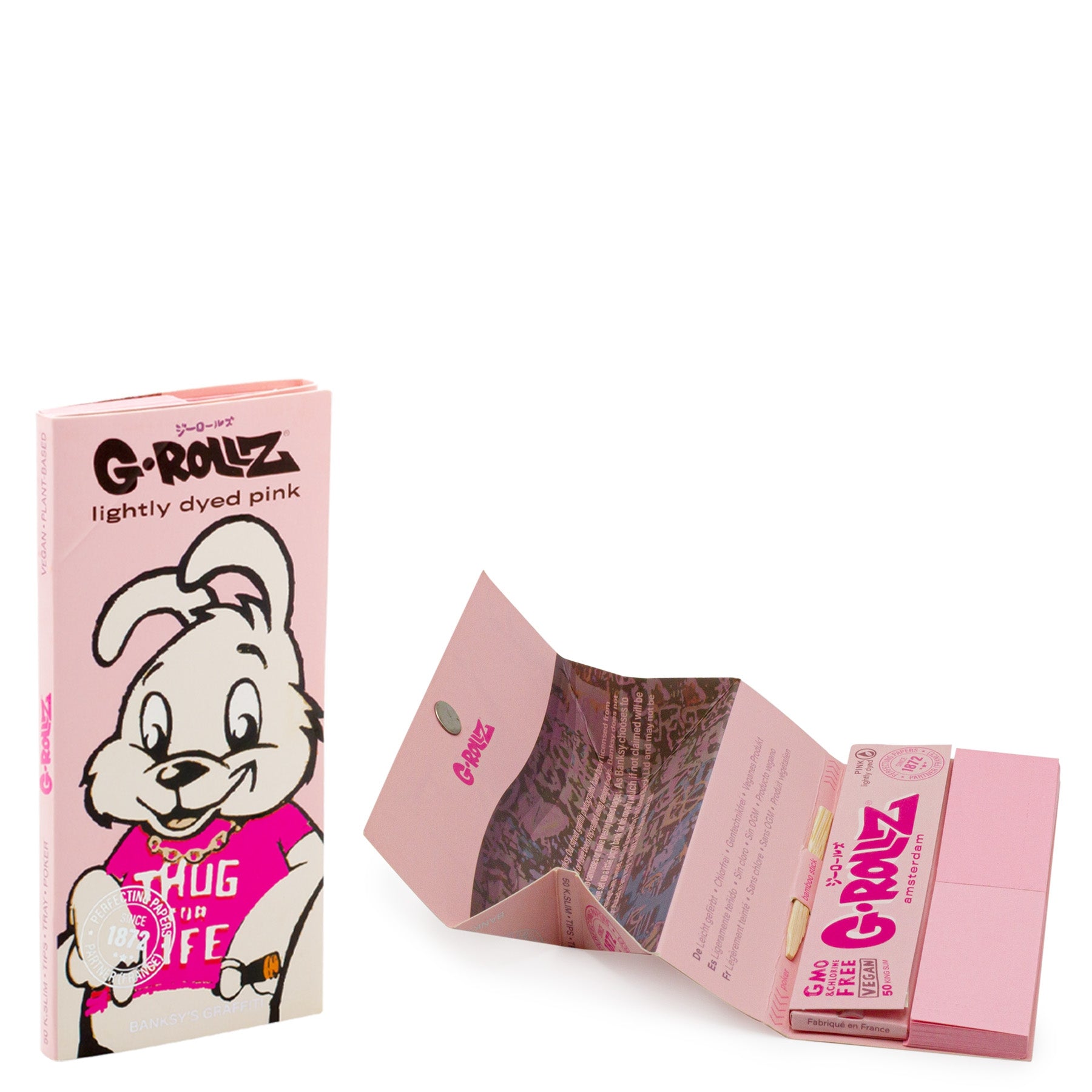 G-Rollz | Banksy's Graffiti KS Slim. Lightly Dyed Pink - 50 KS Slim Papers + Tips & Tray